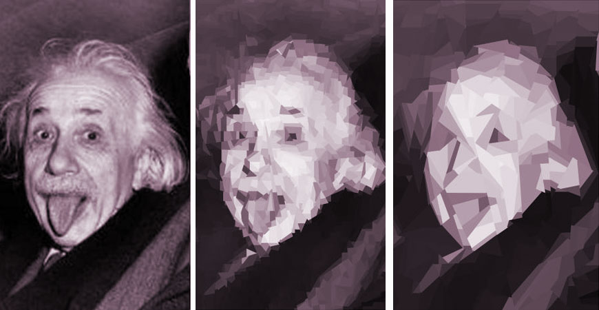 Photo depicts a sepia-toned image of Albert Einstein transformed into Cubist art. 