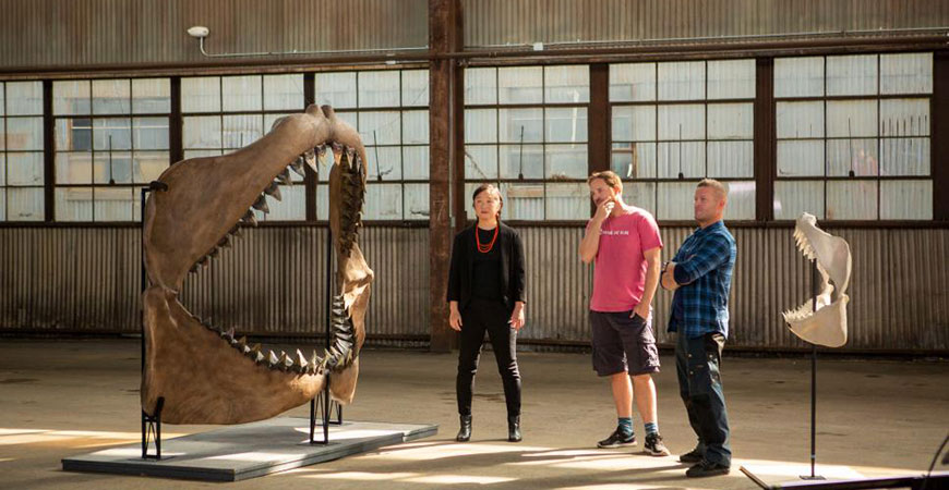 Professor Kim, left, stands between a model of a megalodon jaw and the jaw of a great white shark in a scene from 