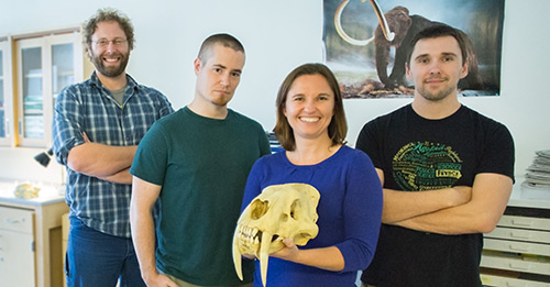 From left, Professor Justin Yeakel, graduate student Taran Rallings, Professor Jessica Blois and graduate student Nate Fox have teamed up on a project that digs deeper into remains at the La Brea Tar Pits.