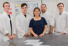 Professor Ashlie Martini, front, and her lab group, from left to right, undergraduate students Carter Brown and Nicholas Walters, graduate Student Sean Lantz and undergraduate student Cory Mercer, have a partnership with Chevron.
