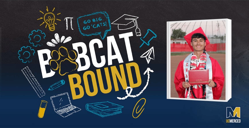 Depicted is student Anthony Savala Alvarez, in a red cap and gown at his high school graduation, with a blue and gold graphic reading 